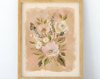 Botanical Floral Art Print, Pink Beige Flowers, Butterfly Illustration