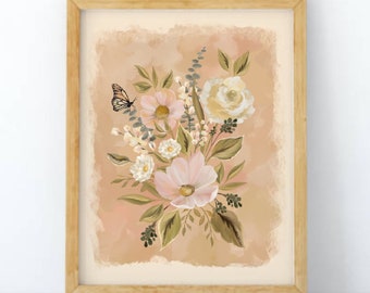 Floral Botanical Art Print, Flower painting, Boho artwork in Soft neutral colors of Pink, Cream & Beige ready to frame large art