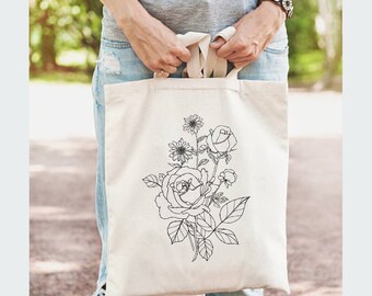 Roses and Daisies Botanical Illustration Canvas Tote Bag, Book Lover Gift, Canvas Shopping Bag, Eco Friendly Tote, Farmers Market Bag