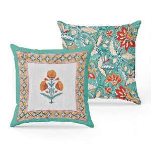 Green Yellow Motifs Floral Border Pillow Cover, Indian Hand Block Print Cotton Cushion 16X16 Inch, Boho Farmhouse Throw Pillowcase for Gift