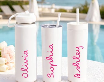 Custom White Water Bottle Tumbler Cup with Straw Personalized Name Island Cup Vacation Cup Villa Cup Pink Tropical Cup Bridesmaid Gifts