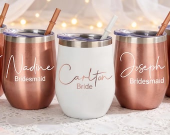 Gobelet à vin personnalisé en acier inoxydable personnalisé pour cadeau de mariage de demoiselle d'honneur Mug de voyage isolé avec couvercle pour cadeau d'enterrement de vie de jeune fille ou de garçon
