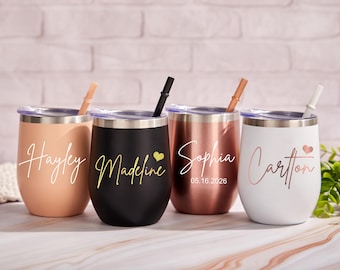 Personalized Wine Tumbler w/ Lid or Straw Custom 12oz Wine Tumbler Bridesmaid Wine Cup Stainless Steel Wine Tumbler Bridesmaid Gifts