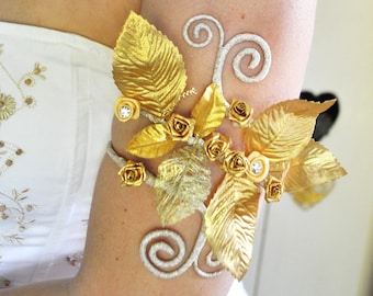 Gold leaves and flowers upper arm cuff fairy Athena goddess toga bride bridesmaids