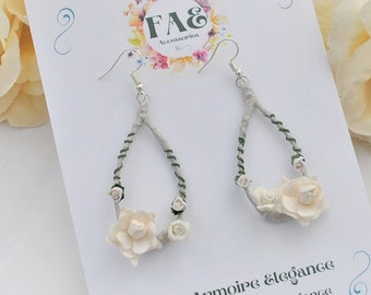 White Rose Earrings Floral Romantic Cottagecore teardrop hoop style fairy Bride Bridesmaid Prom Costume