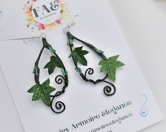 Ivy Earrings dangle drop teardrop hoop green leaves woodland fairy Nature costume