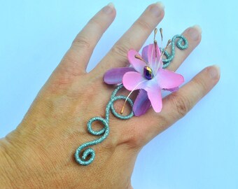 pink lilac and blue flower ring wrap cuff woodland fairy mother nature bride bridesmaid corsage