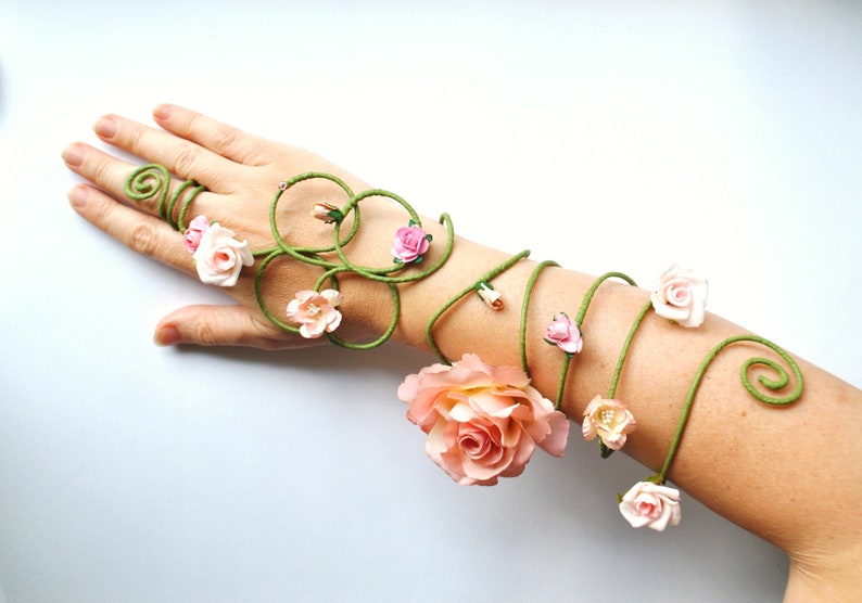 Pink Rose Flower Arm Cuff Arm Wrap Slave Bracelet Prom Bride Etsy