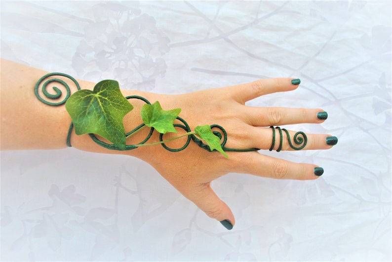 Green Ivy vine hand cuff wrap slave bracelet image 1