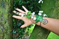 White flower Green ivy leaves hand cuff wrap, leaf corsage, fairy, wedding, prom, costume party.