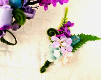 Crystal, flower & fern leaves fairy fantasy boutonniere button hole