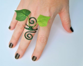 Tiny green Ivy ring swirl vine finger wrap costume accessory