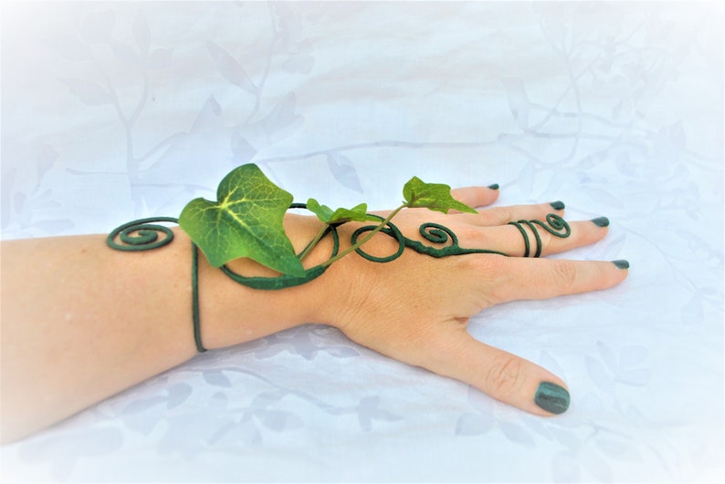 Green Ivy vine hand cuff wrap slave bracelet image 8