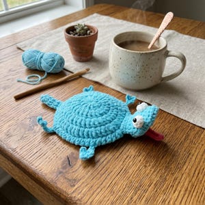 May include: A handmade, light blue crocheted frog coaster with white eyes and a pink tongue rests on a wooden table. A mug of coffee, a ball of blue yarn, and a small potted succulent are also on the table.