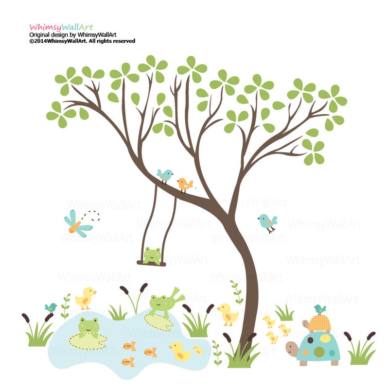 frogs fish turtle pond birds and grass Vinyl wall art decals stickers ducks Childrens Vinyl Pattern Decal Leaf Tree with swing