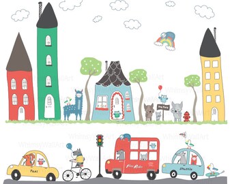 Whimsical City, Cars, Animals Transportation  - Vinyl Wall Art Decals