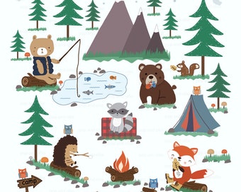 Kids Wall Decals Camping Forest Animals, Fishing, Mountains - Vinyl Wall Art Decals