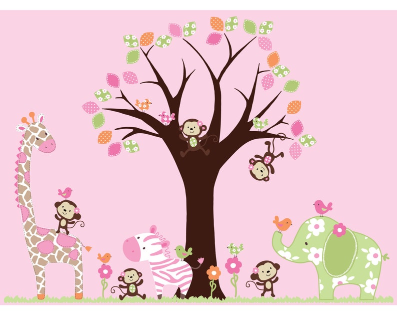 Vinyl Wall Art Decal Sticker Girls Pattern Tree and Jungle Animals Decals