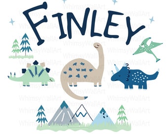 Dinosaur, Mountain, Trees, Custom Name Dcals - Vinyl Wall Art Decals