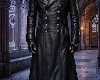 Men's Black Leather Trench Coat: Gothic, Victorian, Double-Breasted Overcoat