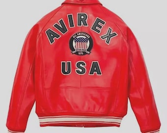 Men’s Avirex Red Bomber Jacket – Real Lambskin Leather American Flight Icon Style Jacket