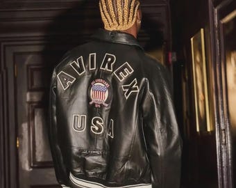 Men Avirex Black Real Bomber American Flight Leather Jacket for Men Gift