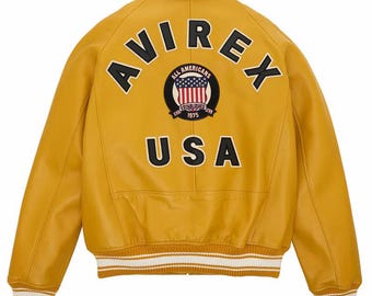 Men's Yellow Leather Bomber Jacket | Avirex-Style USA Patch Varsity