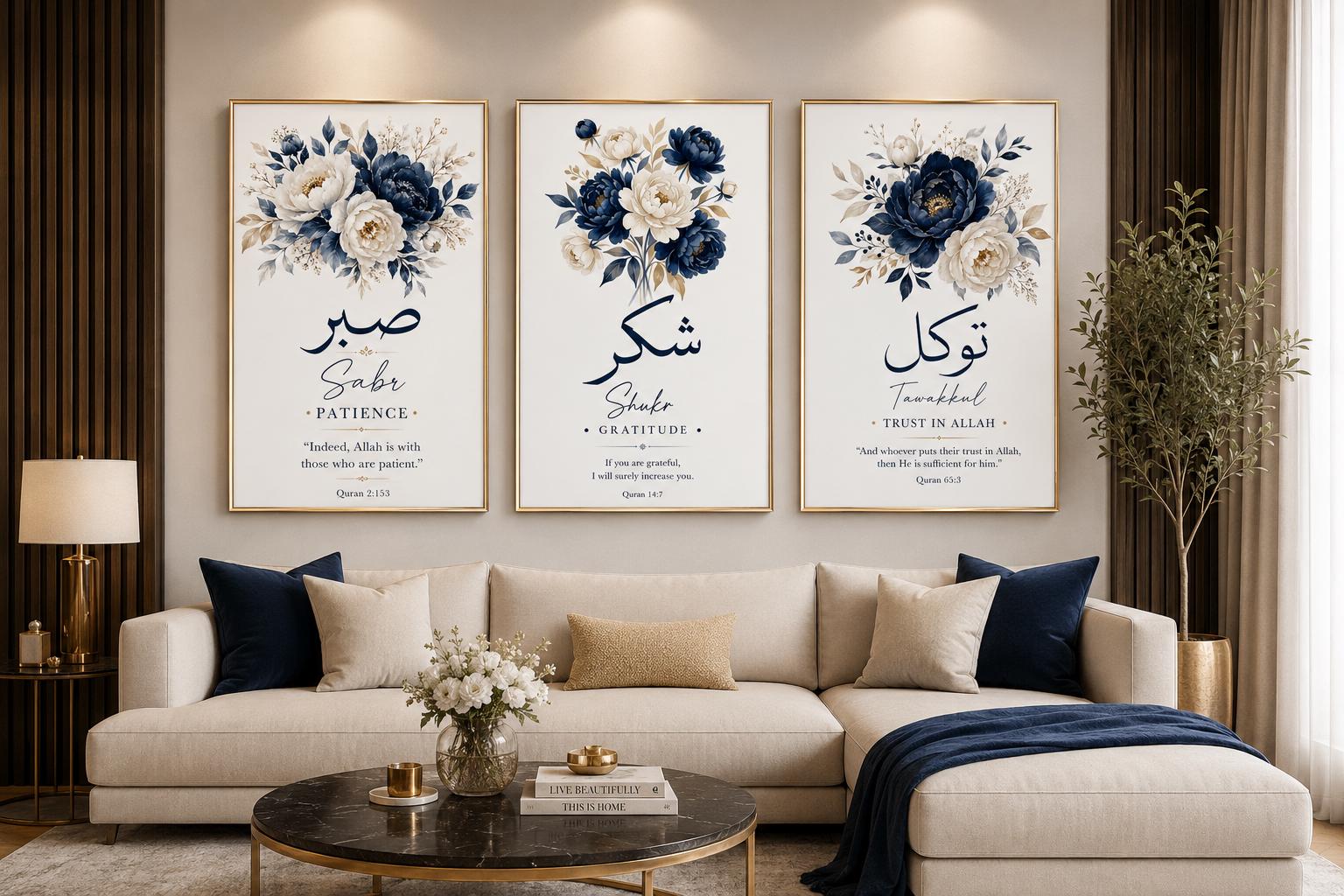 Islamic Wall Art Set, Sabr Tawakkul Shukr Prints, Navy Floral Calligraphy (Digital Download)