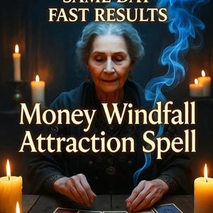 May include: An image featuring an older woman with gray hair, surrounded by lit candles, and tarot cards on a wooden table. The text reads "SAME DAY FAST RESULTS" and "Money Windfall Attraction Spell". Blue smoke swirls in the background.