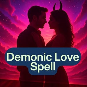 May include: Digital art featuring a couple silhouetted against a vibrant purple and pink sky. The woman has horns. A blue banner at the bottom reads "Demonic Love Spell" in white text.