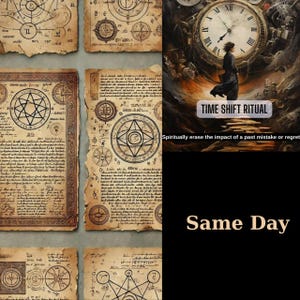 May include: An artistic collage featuring aged parchment with alchemical symbols and handwritten text. A large clock with a figure in a dark cloak is in the background. Text reads "TIME SHIFT RITUAL" and "Same Day".