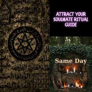 May include: A mystical image with the text "ATTRACT YOUR SOULMATE RITUAL GUIDE" and "Same Day". The image shows a stone wall with candles, foliage, and a star symbol, evoking a sense of ritual.