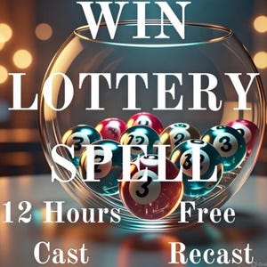 Può includere: Una ciotola di vetro trasparente piena di palline della lotteria, con la scritta "WIN LOTTERY SPELL" in bianco. Il testo aggiuntivo include "12 Hours Free Cast Recast". Le palline sono di vari colori, tra cui rosso, verde acqua e oro.