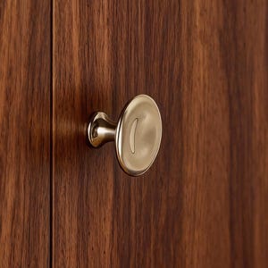 Op de afbeelding: Een close-up van een goudkleurige kastknop met een afgeronde, platte voorkant. De knop is bevestigd aan een donkerbruine houten kastdeur. De houtnerf is zichtbaar op de achtergrond.