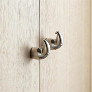 May include: Two silver-toned metal hooks mounted on a light-colored wooden surface. The hooks have a curved, horn-like design, and are attached to a circular base. The wood grain is visible.
