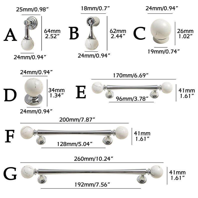 May include: A range of cabinet hardware featuring white marble-effect spheres and silver-coloured metal bases. Includes knobs and pulls of various sizes, with measurements in millimetres.