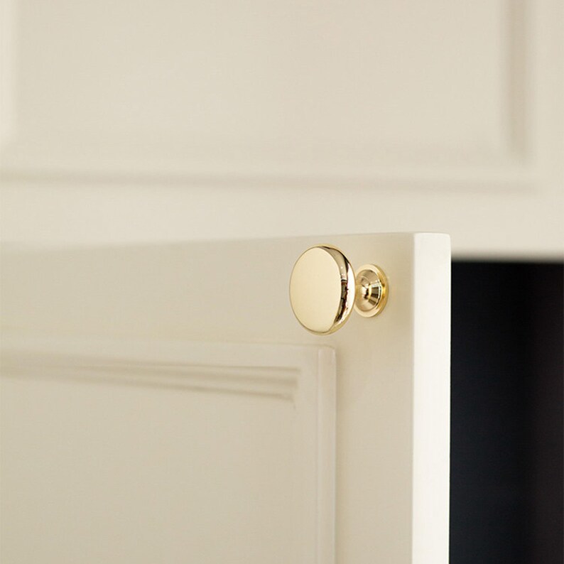 Pu&ograve; includere: Pomello per armadio dorato con una faccia rotonda e piatta e una base decorativa. Montato su un'anta bianca, con uno scorcio dell'interno. Questo hardware aggiunge un tocco di eleganza ai mobili.