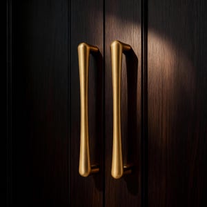 May include: Two gold cabinet door handles are shown against a dark wood grain background. The handles are long and curved, with a smooth, polished finish. The wood grain is vertical and has a rich, dark brown colour.