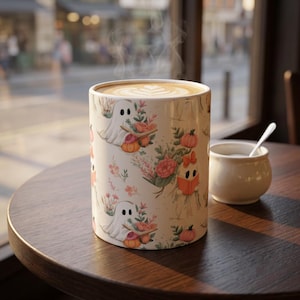 Ghost Floral Cute Pumpkin Mug | Whimsical Halloween Bookish Cramic Cup (11oz) | Cozy Night In | Pastel Palette | Gift | Reader Accessory |