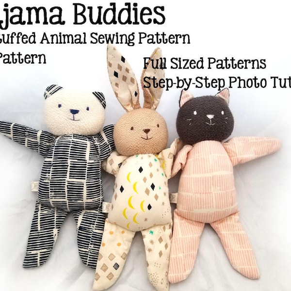 easy stuffed animal sewing pattern, cat, bunny, bear, soft toy plushie pattern, PDF instant download, A4 or letter, English