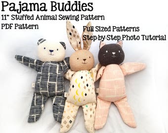 easy stuffed animal sewing pattern, cat, bunny, bear, soft toy plushie pattern, PDF instant download, A4 or letter, English