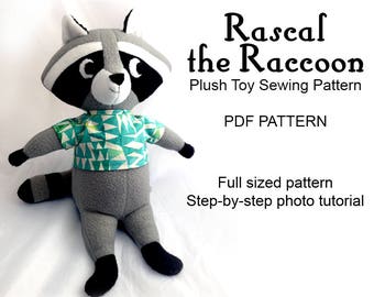 raccoon sewing pattern, cloth rag doll, cute stuffed animal, soft toy plushie pattern, PDF instant download, A4 or letter