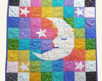 baby quilt sewing pattern, patchwork moon, twinkle twinkle little star, nursery wall hanging, FPP 34"x34", PDF instant download, English