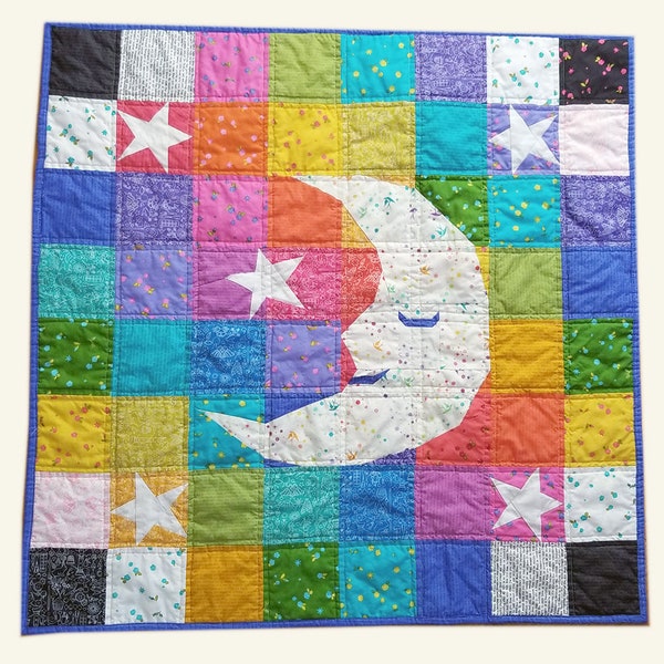 baby quilt sewing pattern, patchwork moon, twinkle twinkle little star, nursery wall hanging, FPP 34"x34", PDF instant download, English