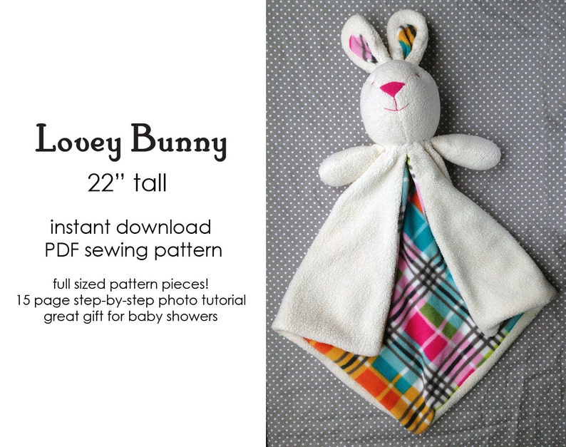 Bunny Lovey Babyfilt, sömnadsmönster för säkerhetsfilt, PDF, A4 eller letter, engelska bild 1