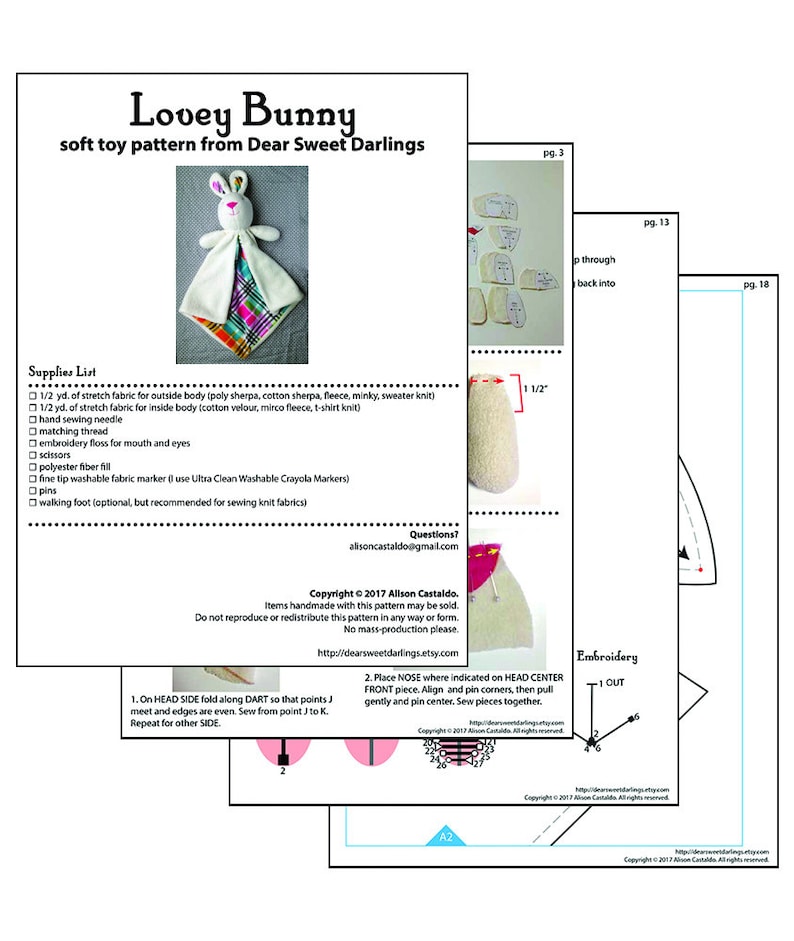 Bunny Lovey Babyfilt, sömnadsmönster för säkerhetsfilt, PDF, A4 eller letter, engelska bild 4