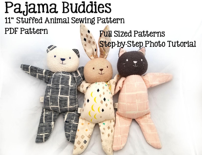 easy stuffed animal sewing pattern, cat, bunny, bear, soft toy plushie pattern, PDF instant download, A4 or letter, English image 1