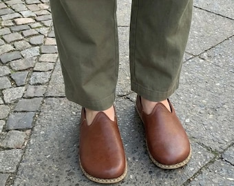 Men's Wide Toe Box Brown Genuine Leather Loafer, Barefoot Style Comfortable  Free Toes Flats