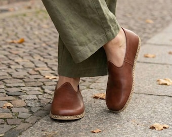Women’s Wide Toe Box Genuine Brown All Leather Loafer, Comfy House Shoes, Barefoot Style Slip-Ons