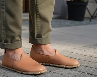Men's Wide Toe Box Leather Shoes, Handcrafted Comfortable House Shoes, Barefoot Style Authentic Loafer, Leather Turkish Yemeni Gift For Men